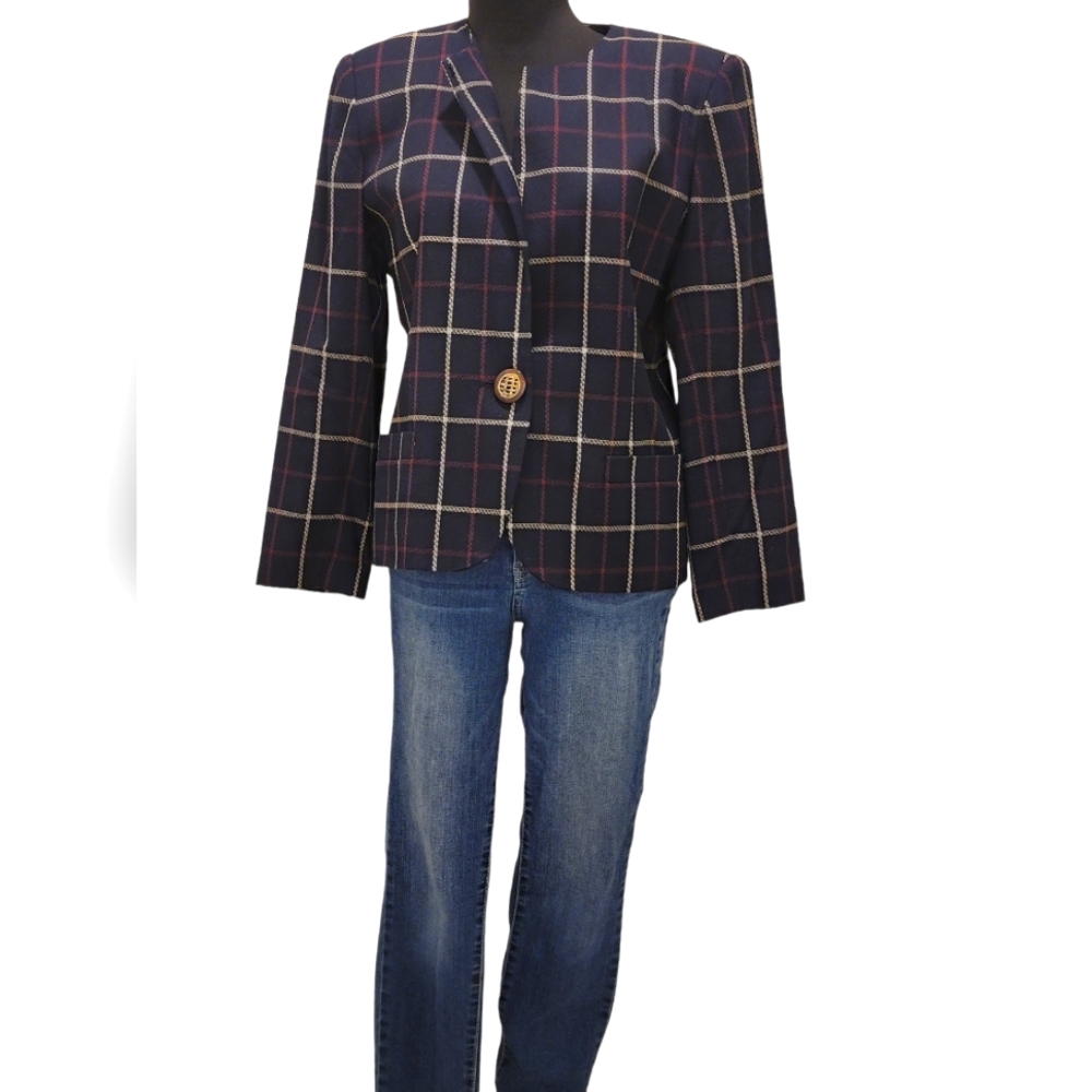 HBS LTD Plaid Collarless Round Neck Button Pocket Blazer